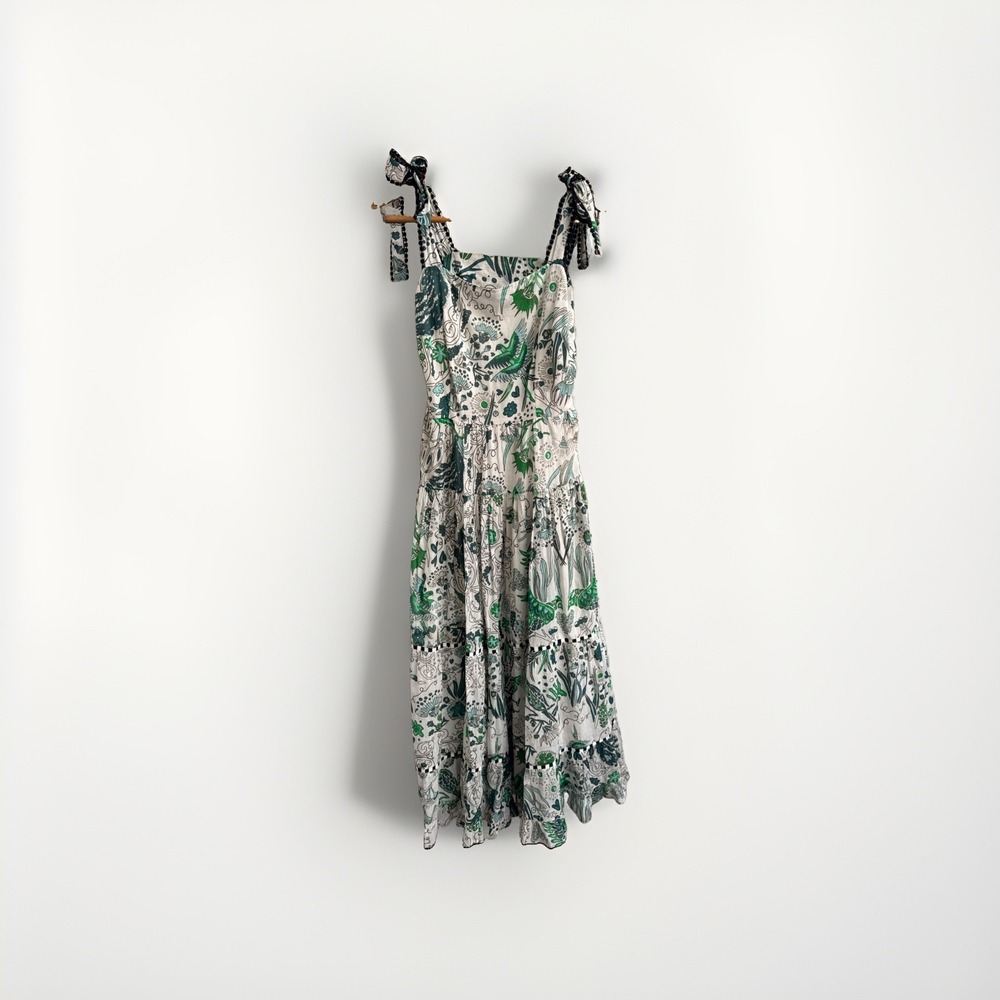 Vero Alfie Maxi‎ Dress Women Size 3 (L) Bird And Floral Rare Boho Tiered Cotton